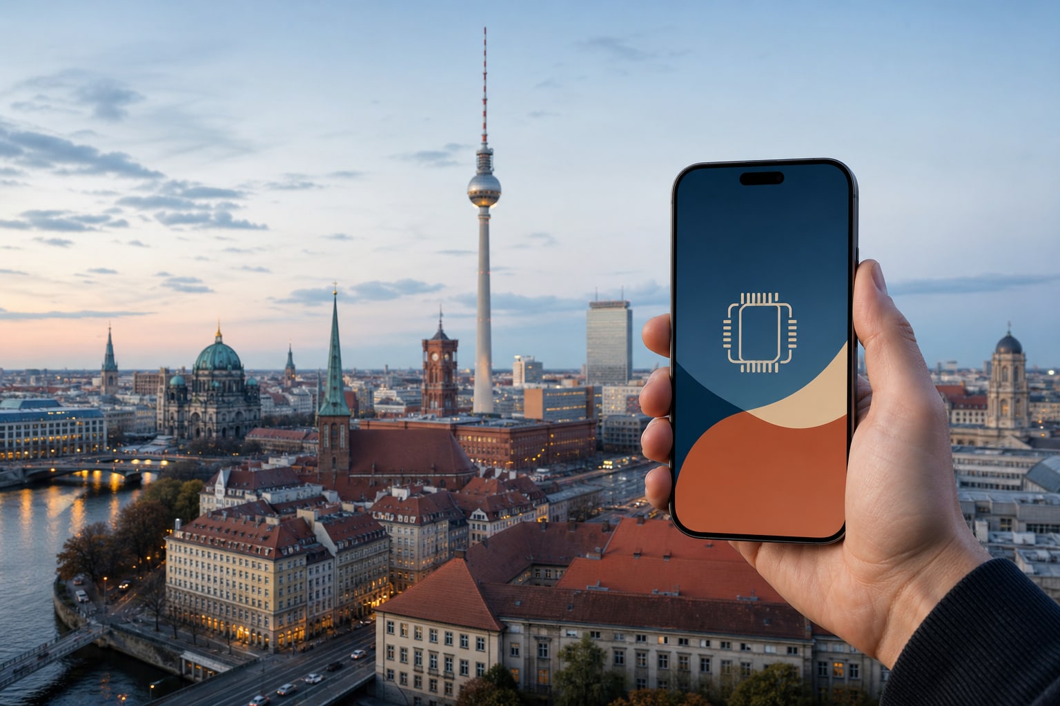 Смартфон с eSIM на фоне Берлина