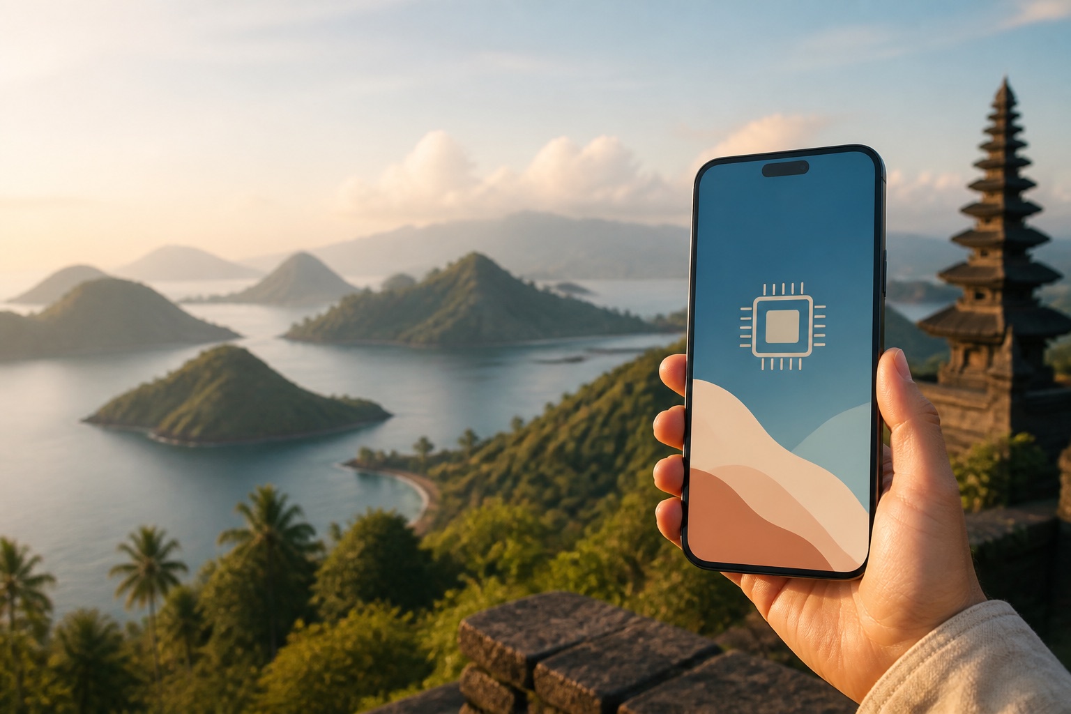 Смартфон с eSIM на фоне вулканических островов Индонезии