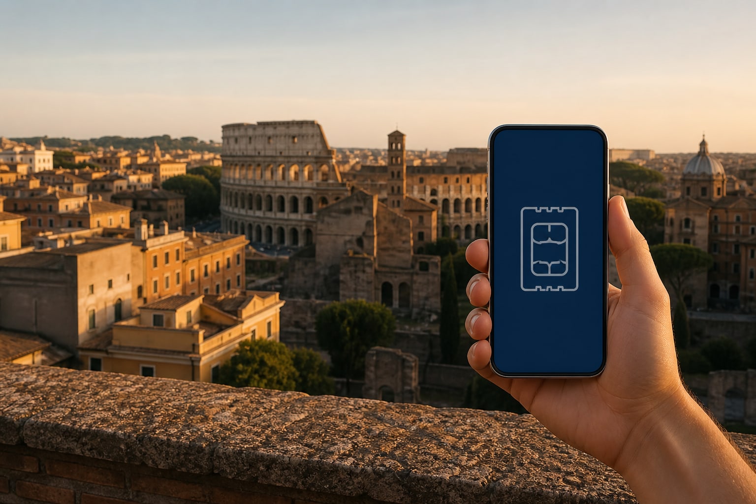 Смартфон с eSIM на фоне Рима
