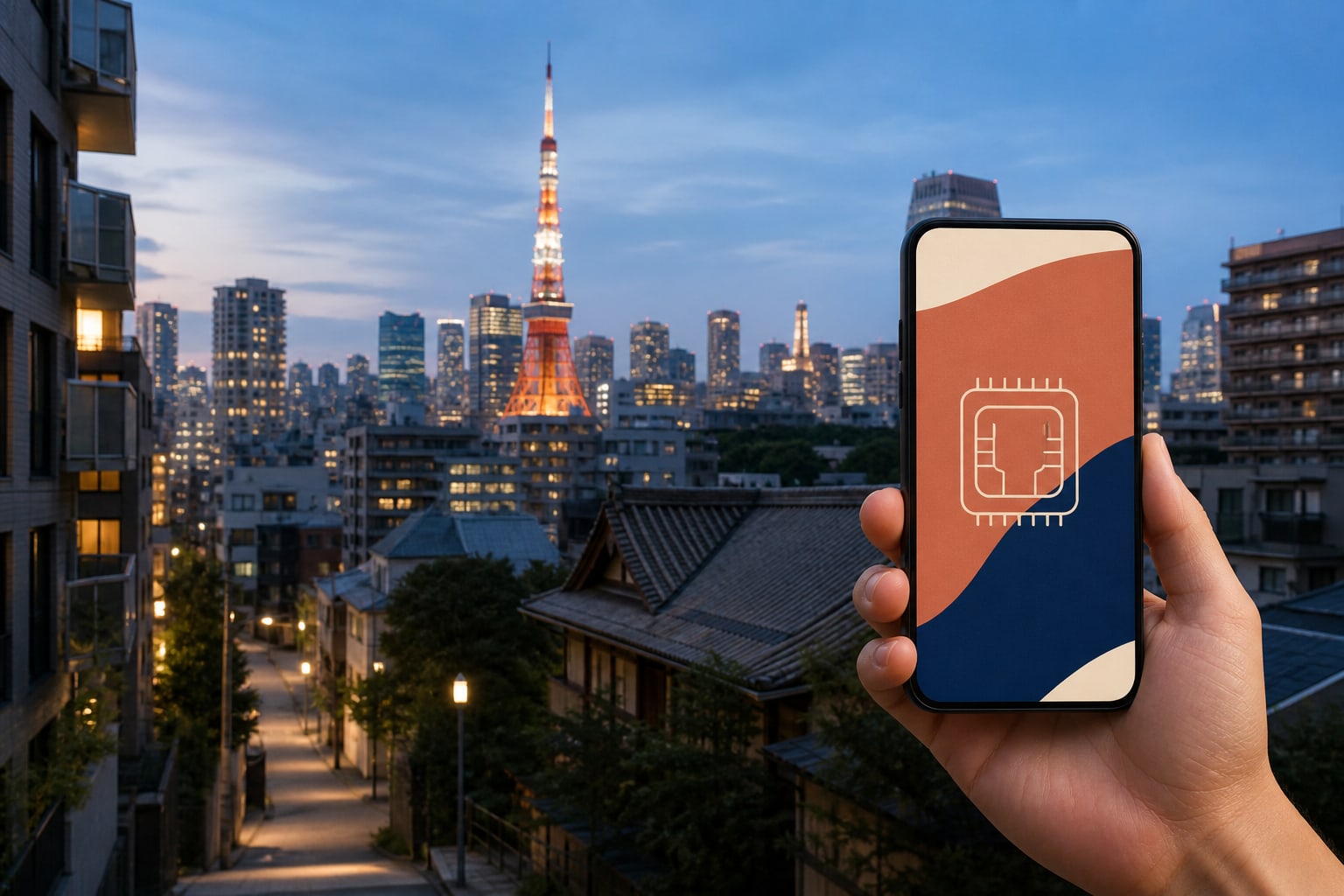 Смартфон с eSIM на фоне вечернего Токио