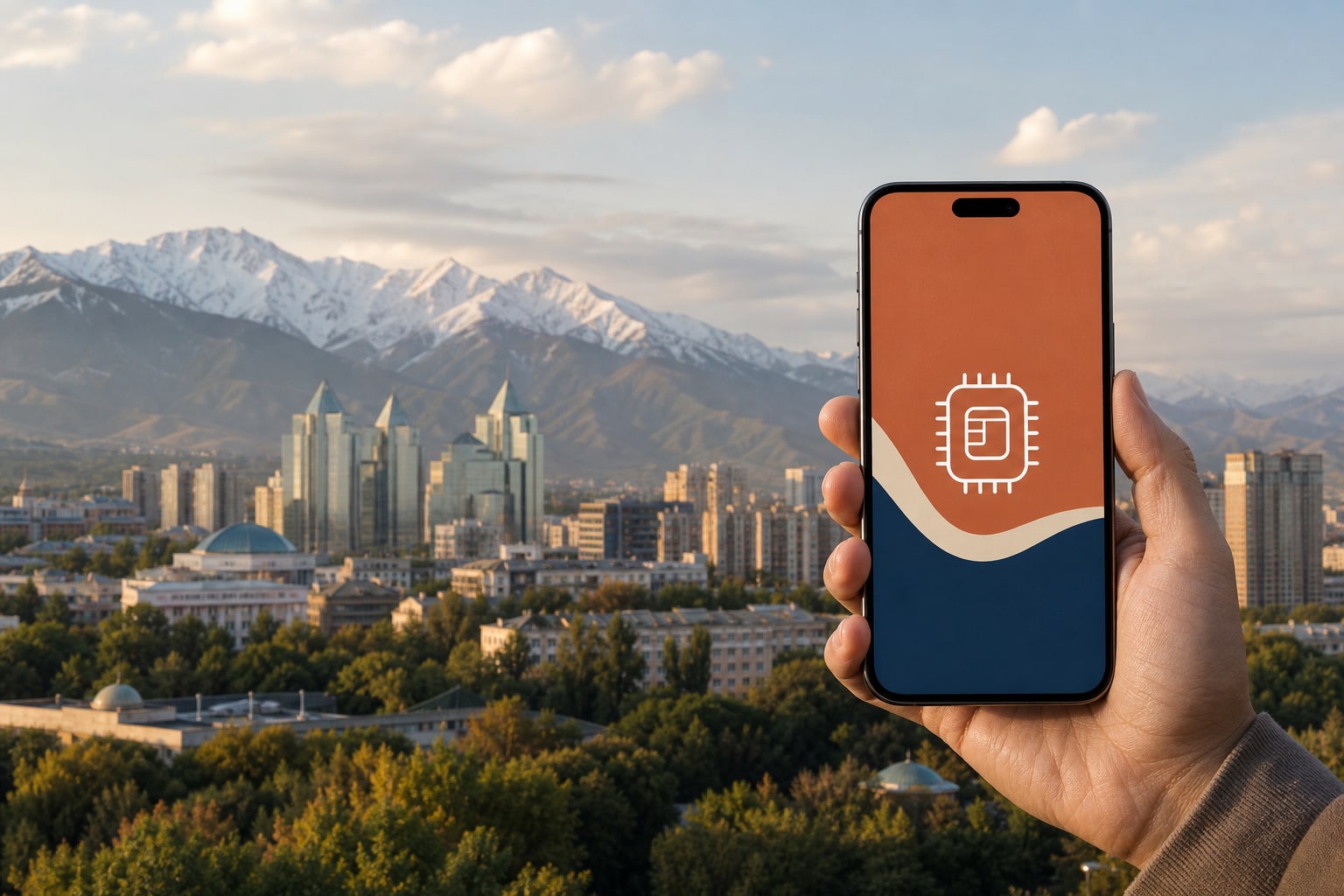 Смартфон с eSIM на фоне Алматы и Заилийского Алатау