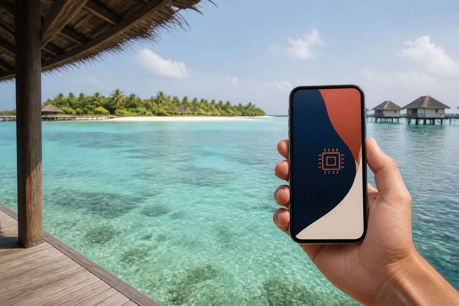 Смартфон с eSIM на фоне мальдивской лагуны