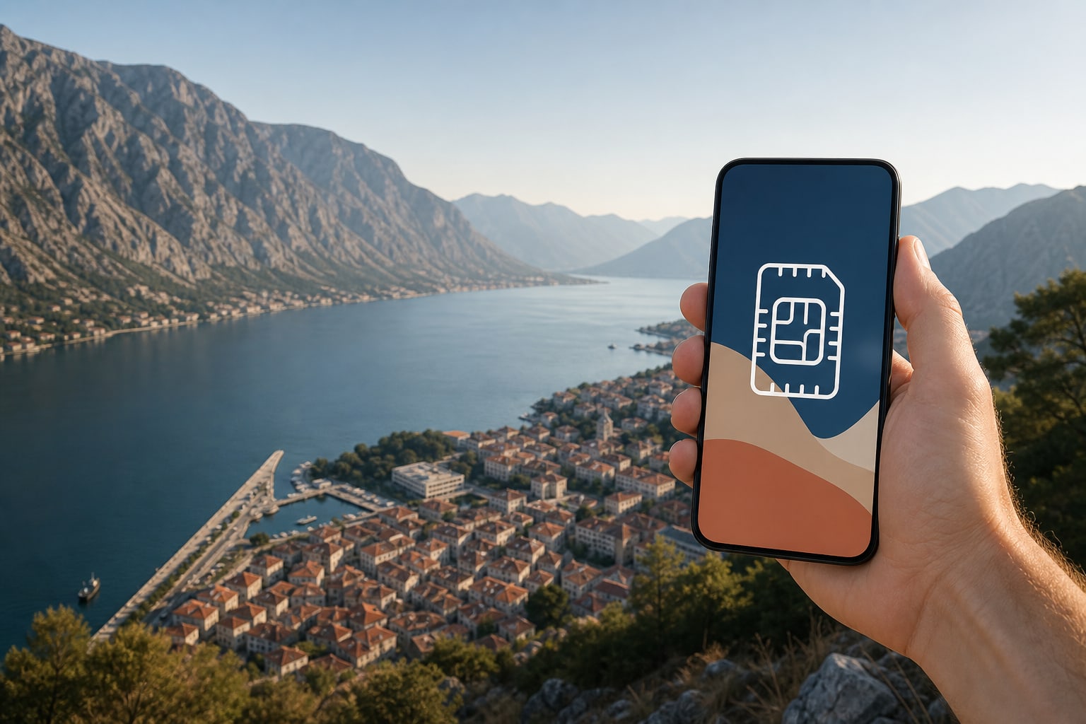 Смартфон с eSIM на фоне Боко-Которской бухты