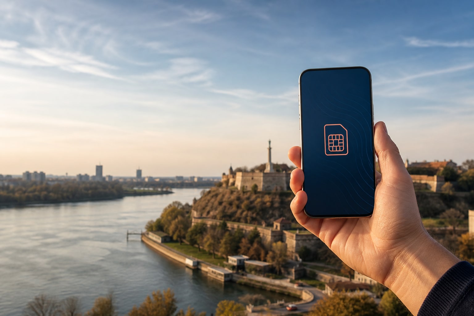 Смартфон с eSIM на фоне Белграда