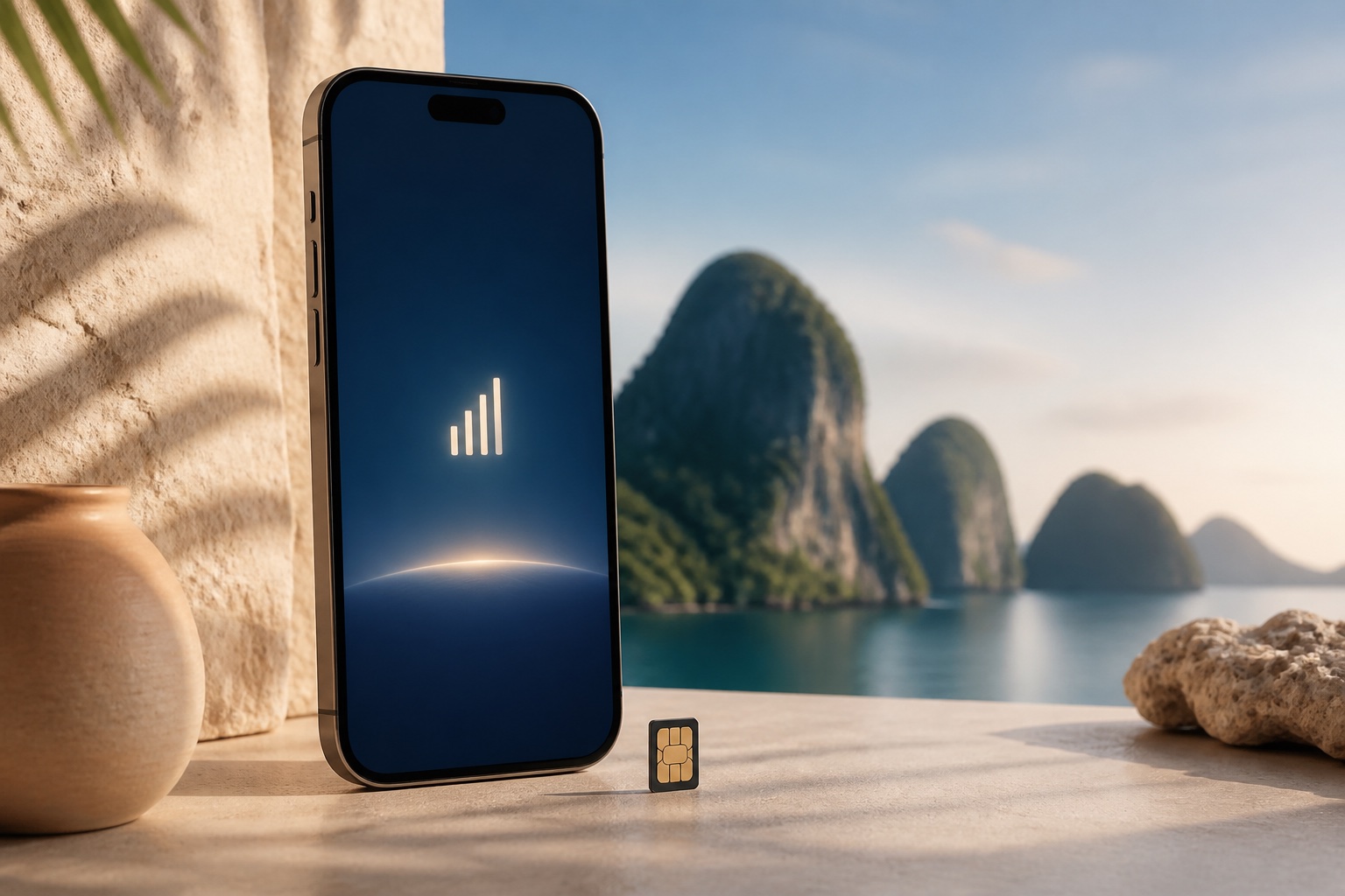 Смартфон с eSIM на фоне тропических островов Таиланда