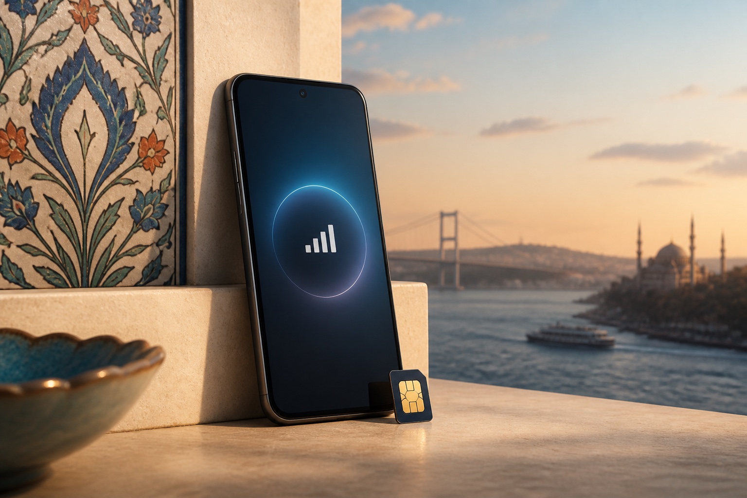 Смартфон с eSIM на фоне Босфора и турецкой керамики