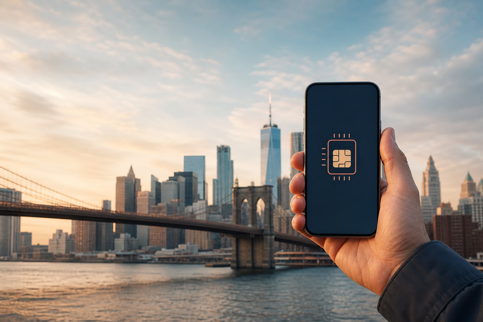 Смартфон с eSIM на фоне Нью-Йорка