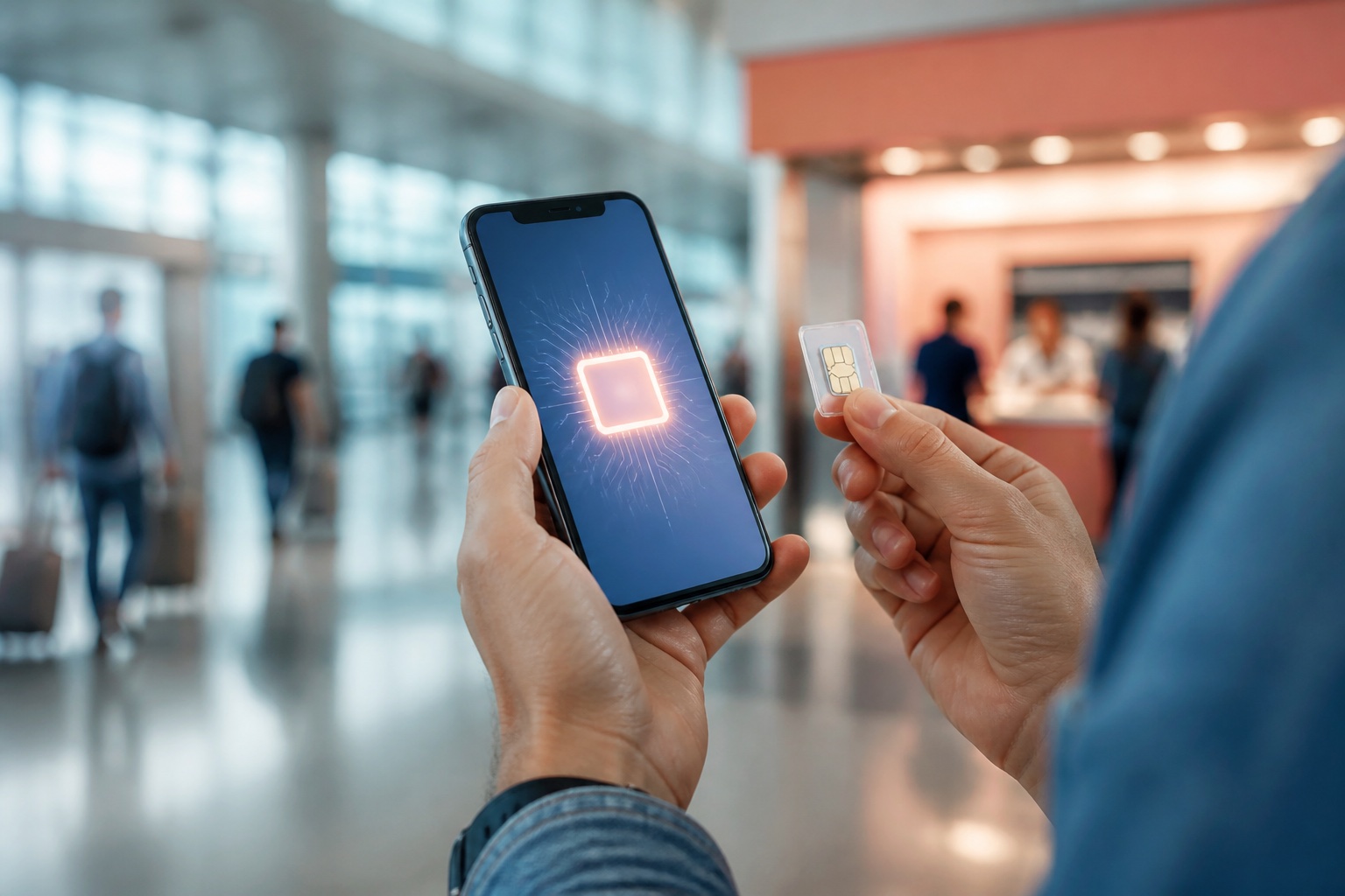 Сравнение eSIM в смартфоне и физической SIM-карты в аэропорту