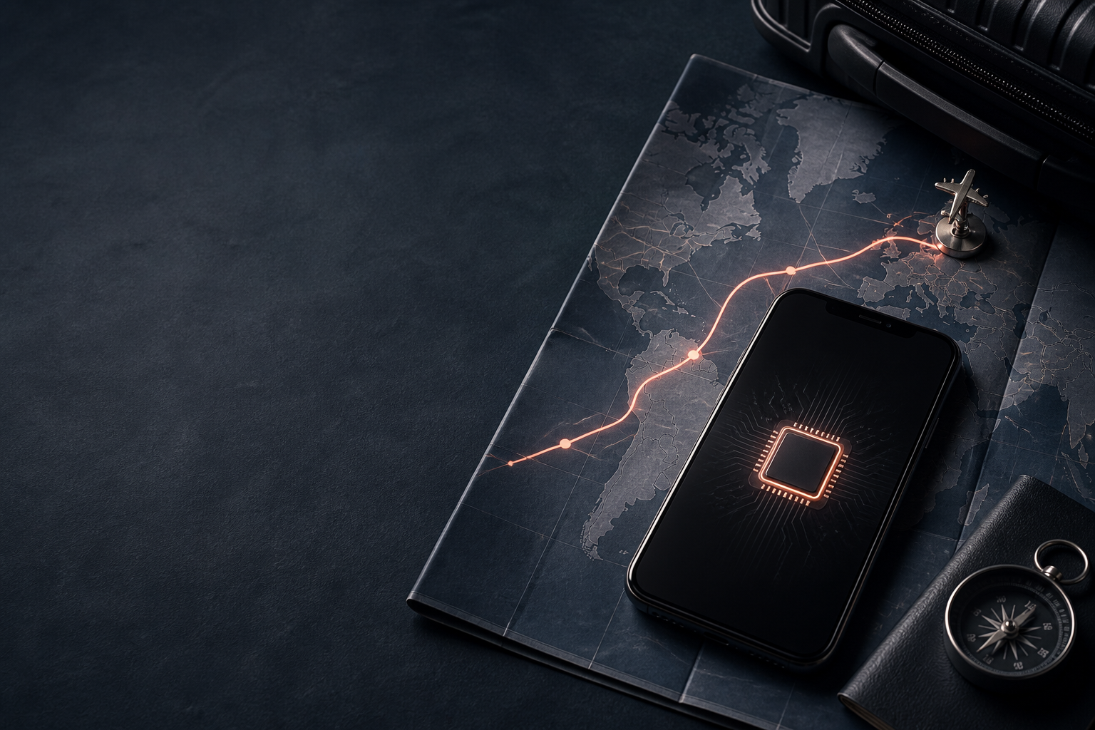 Смартфон с eSIM на карте маршрута для выбора интернета за границей